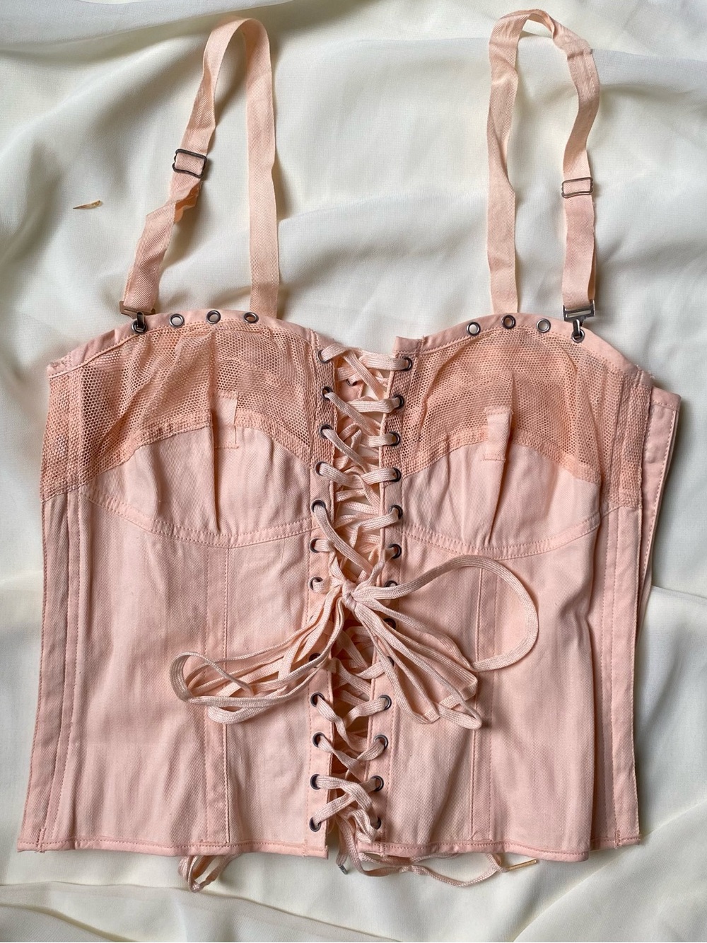 Vintage 1950s 60s Peach Merry Widow Bustier Corset Lace Up Boned Coquette Pinup - Picture 7 of 7
